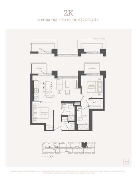 Floor plan for 2 beds, 2 baths, 777 sqft